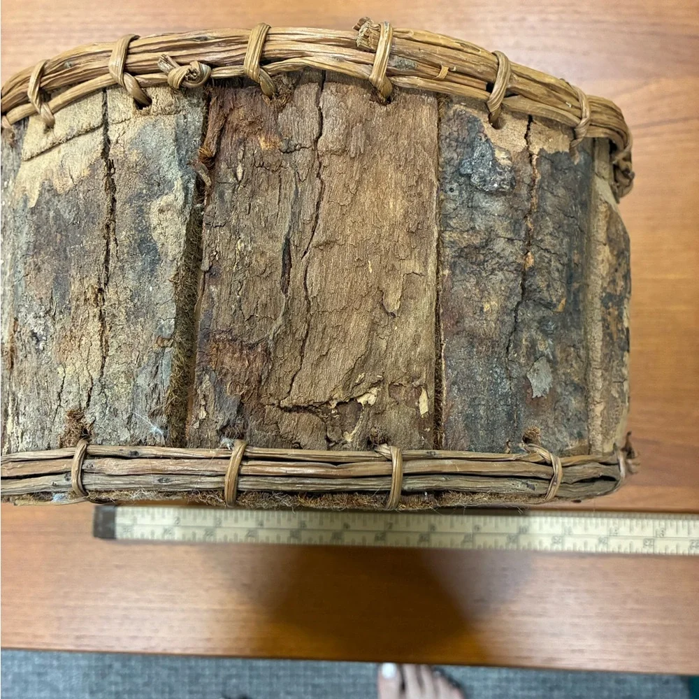 Rustic Brown Wood Slat and Woven Reed Gathering Basket Unique Details